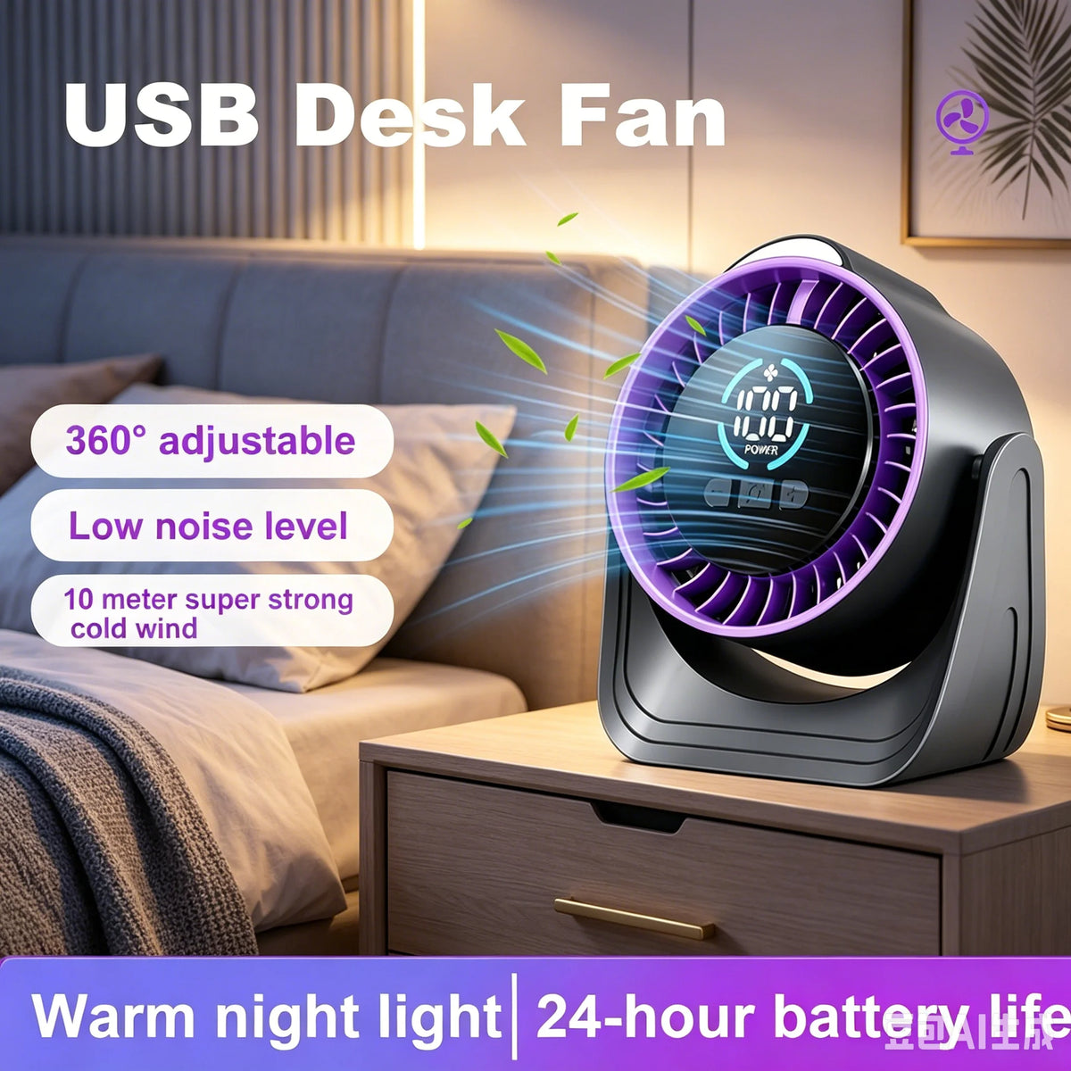 ZNLYRION Fan Rechargeable USB Desk Air Circulation Fan 360° Adjustable 100 Speeds Quiet Table Cooling Fan with Night Light 24H Long Battery Life For Home Office Bedroom