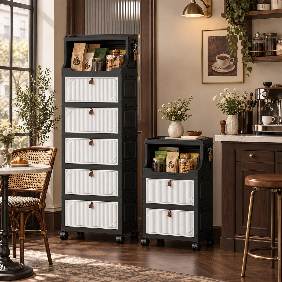 3–6 Tier Foldable Storage Cabinet with Open Top Shelf, Rolling Organizer with Flip-Down Doors and Wheels for Coffee Bar, Kitchen, Pantry, Living Room and Home Organization