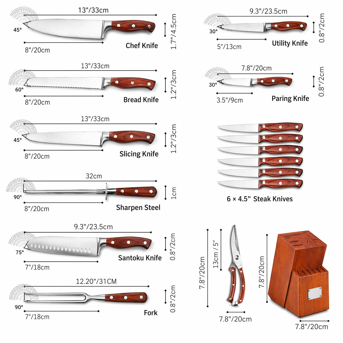Kitchen Knife Set With Sharpener And Wooden Storage Block