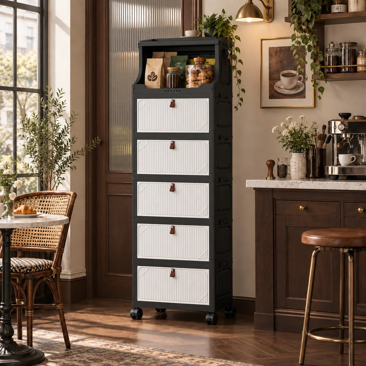 3–6 Tier Foldable Storage Cabinet with Open Top Shelf, Rolling Organizer with Flip-Down Doors and Wheels for Coffee Bar, Kitchen, Pantry, Living Room and Home Organization