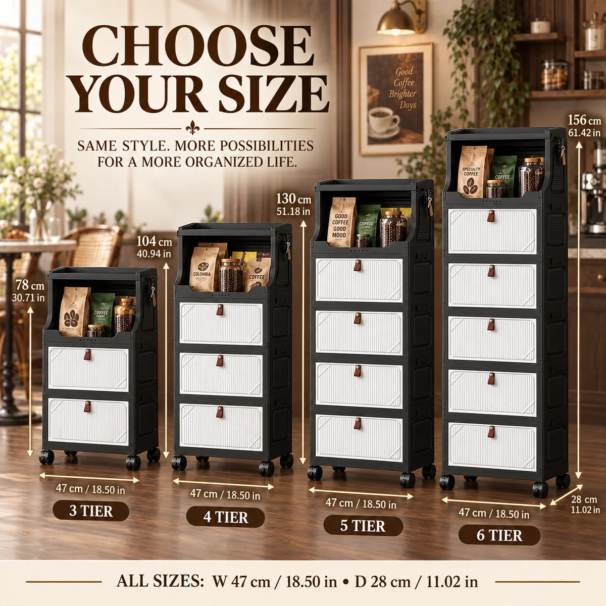 3–6 Tier Foldable Storage Cabinet with Open Top Shelf, Rolling Organizer with Flip-Down Doors and Wheels for Coffee Bar, Kitchen, Pantry, Living Room and Home Organization