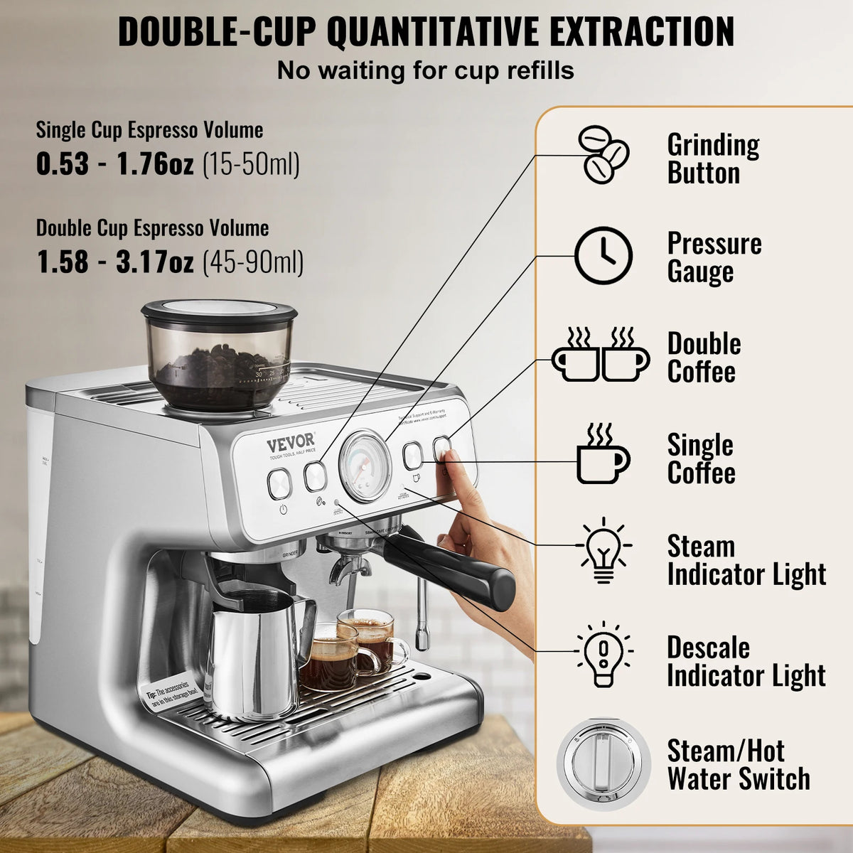 VEVOR 15 Bar Semi Automatic Espresso Machine With Grinder