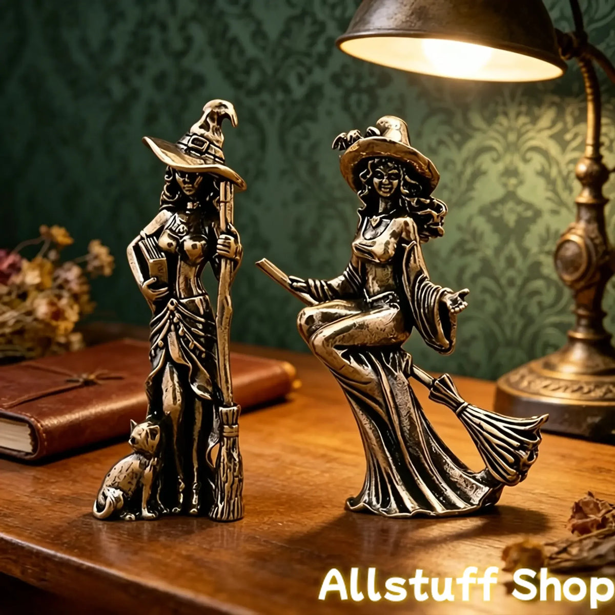 Gothic Witch Sculpted Figurine Pair With Bat Pattern Hats