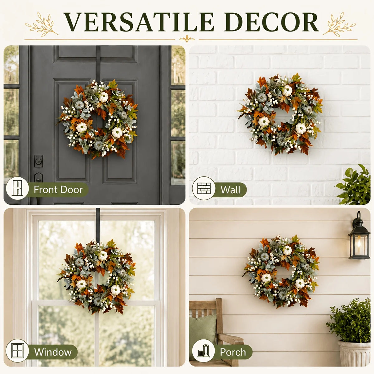 Artificial Peony And Pumpkin Farmhouse Autumn Wreath With Berries