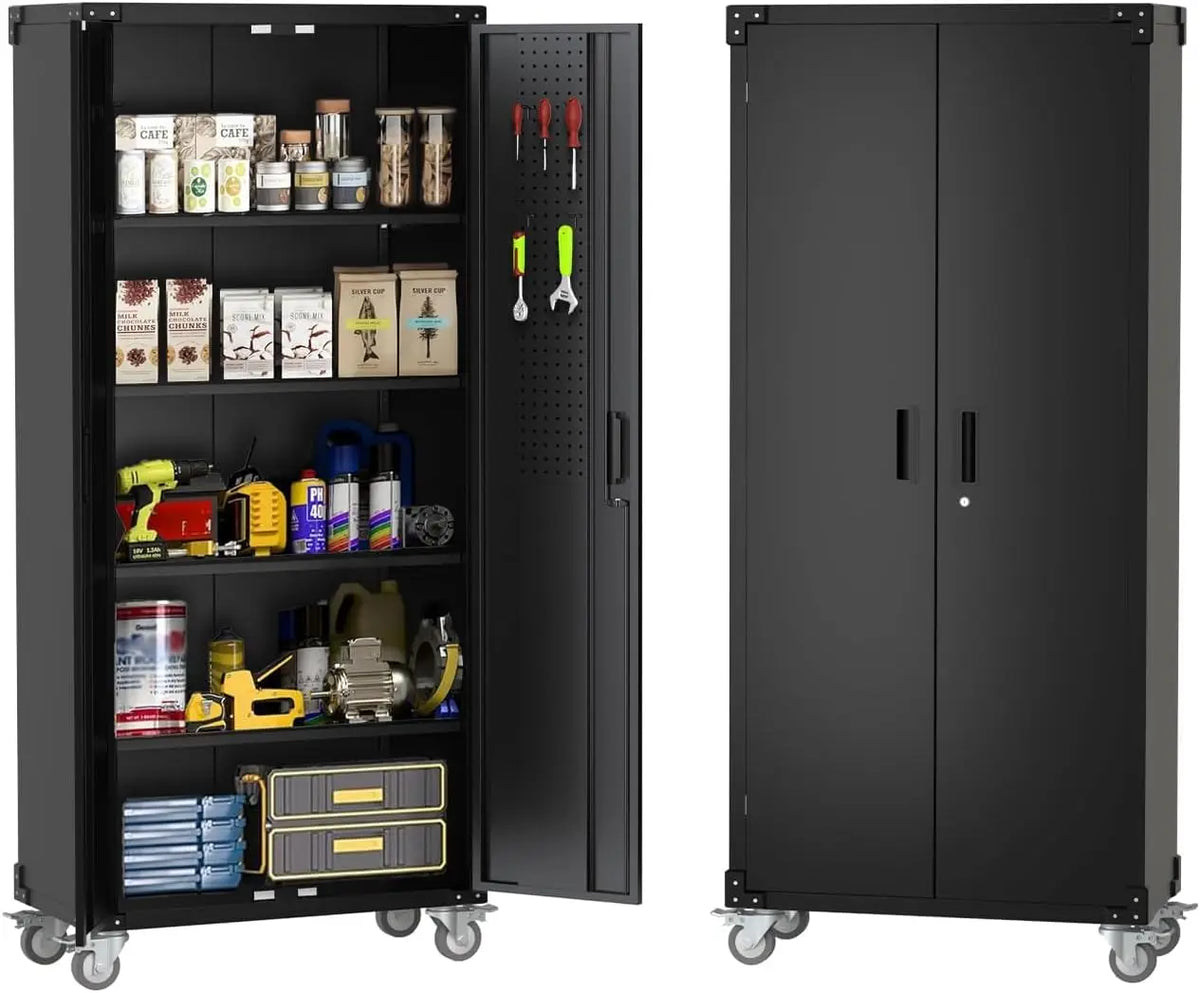 Heavy-Duty Metal Storage Cabinet with Wheels 72Inch Lockable Garage Cabinet with 4 Adjustable Shelves & Pegboard 600 lb Capacity, Magnetic Lock for Home, Garage, Office