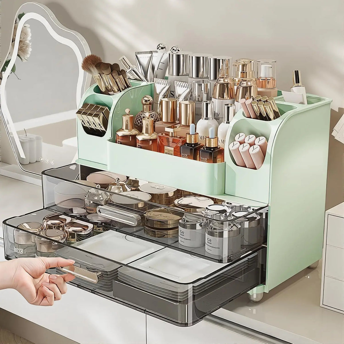 Plastic Vanity Makeup Organizer With Drawers And Brush Slots