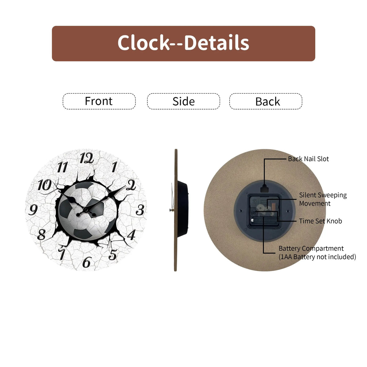 Round Football Silent Quartz Wall Clock For Home Decor