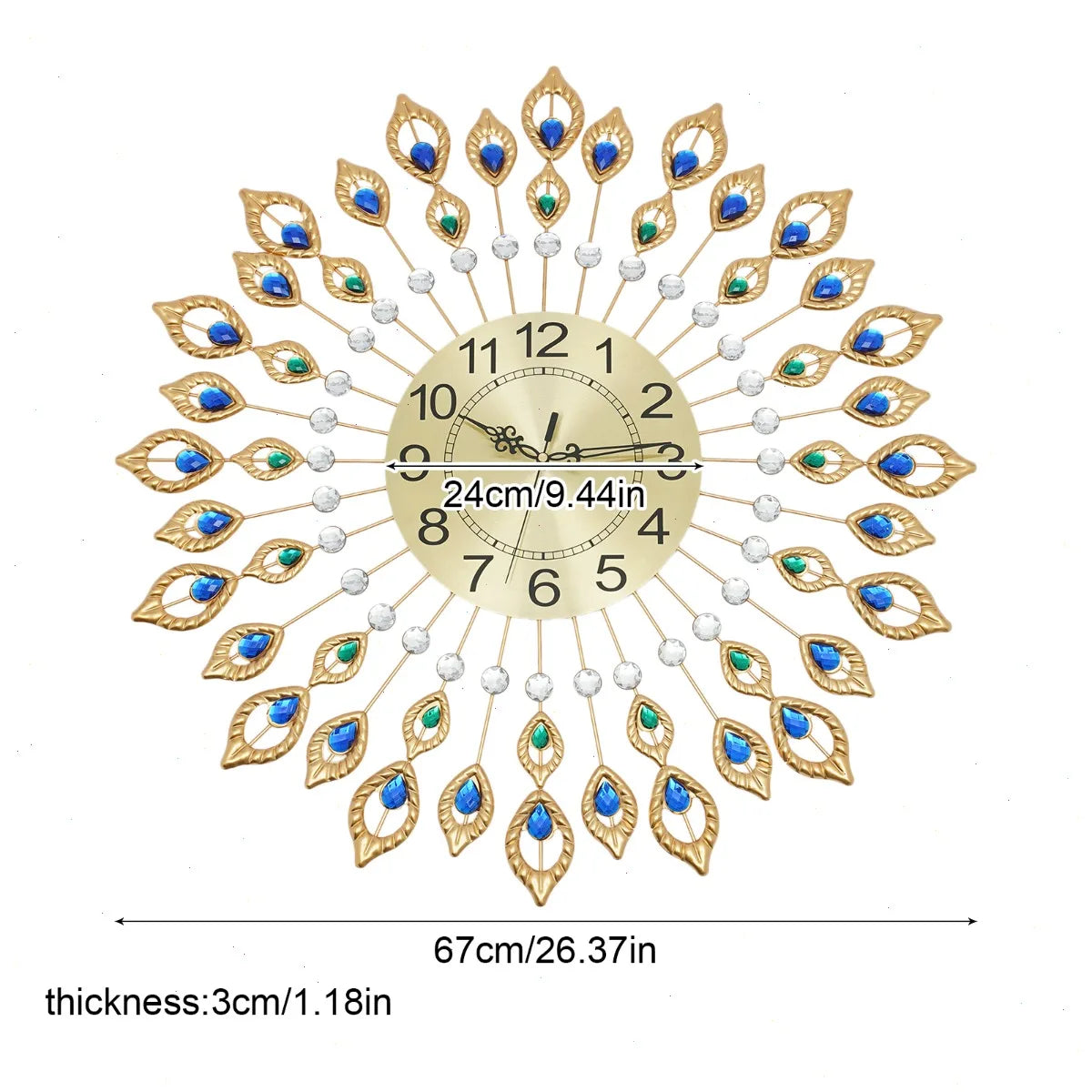 Wall Clock, Peacock Feather Design, 67x67cm Large, Silent Quartz Movement, Iron Metal Frame, Acrylic, for Living Room, Bedroom, Office, Home Decoration, No Ticking