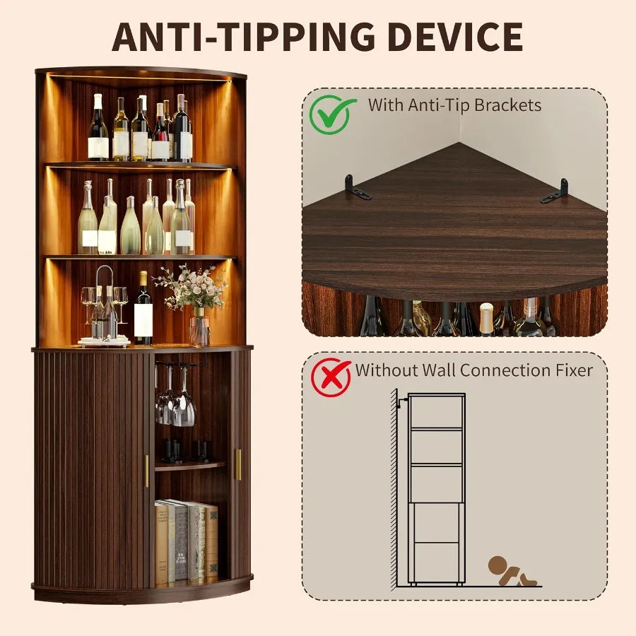 Corner Bar Cabinet With LED Lighting And Wine Glass Holder