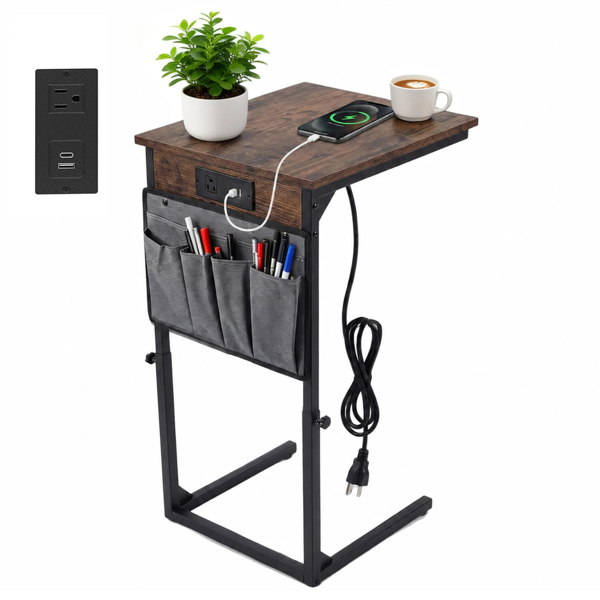 HiMISS Adjustable C Shaped End Table With Charging Station