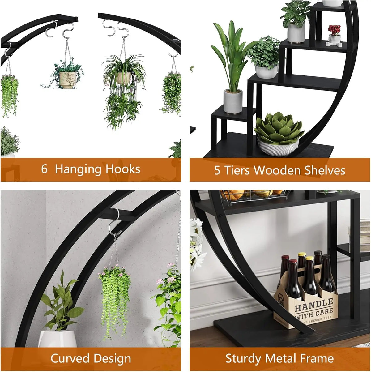 HiMISS 5 Tier Metal Plant Stand With Hanging Hooks