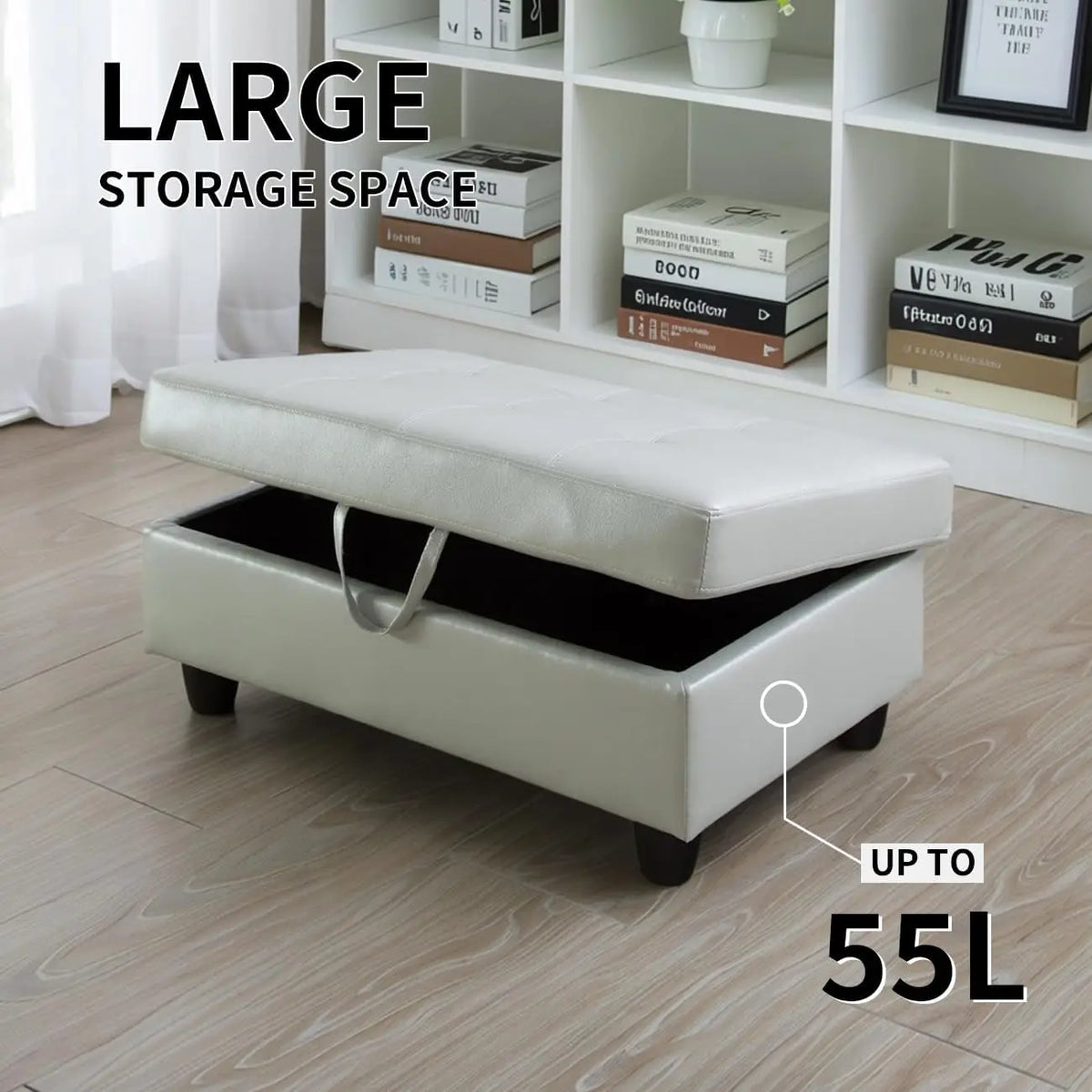 Square Leather Storage Ottoman Bench With Cushioned Seat And Footrest