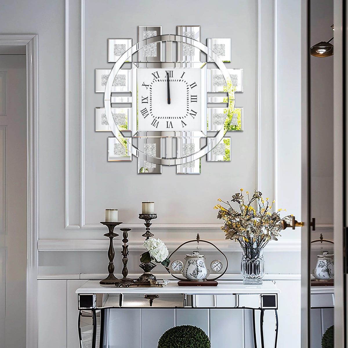 Irregular Crush Diamond Mirrored Quartz Wall Clock With Roman Numerals