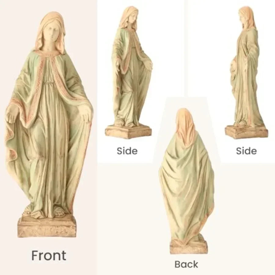 Outdoor garden statue of Virgin Mary, 31.5-inch praying Holy Madonna in weather-resistant resin, white and gold finish, durable