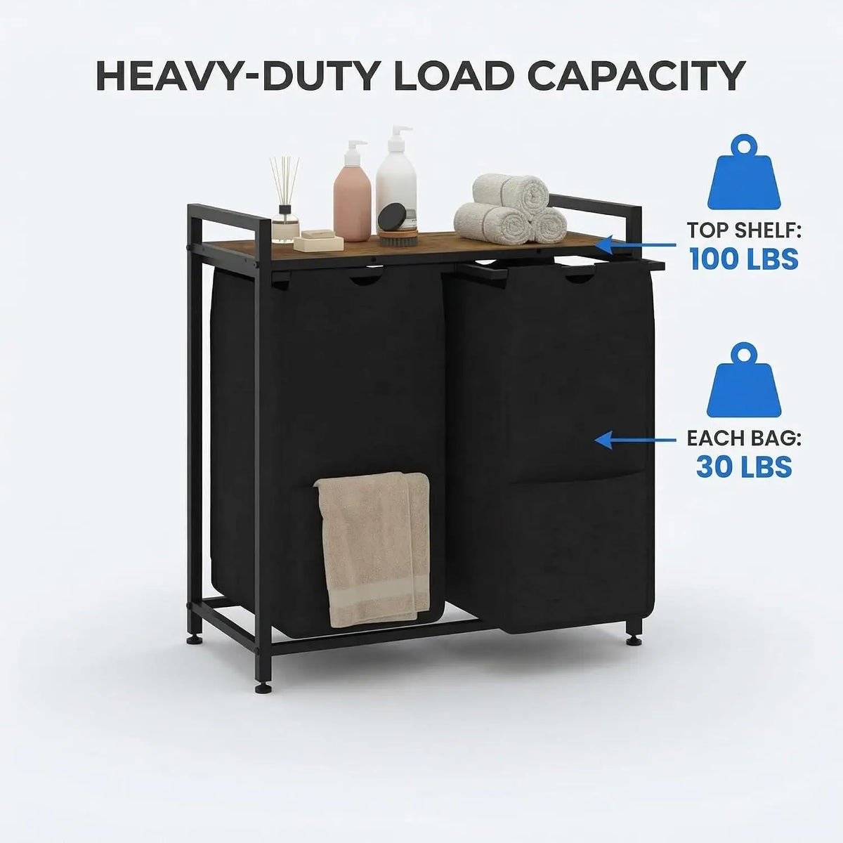 Laundry Sorter 2 Section, Laundry Hamper with Shelf, 97L Laundry Basket with Shelf, Removable Bags, Pockets, for Laundry Room, Bathroom & Bedroom, Rustic Brown and Black