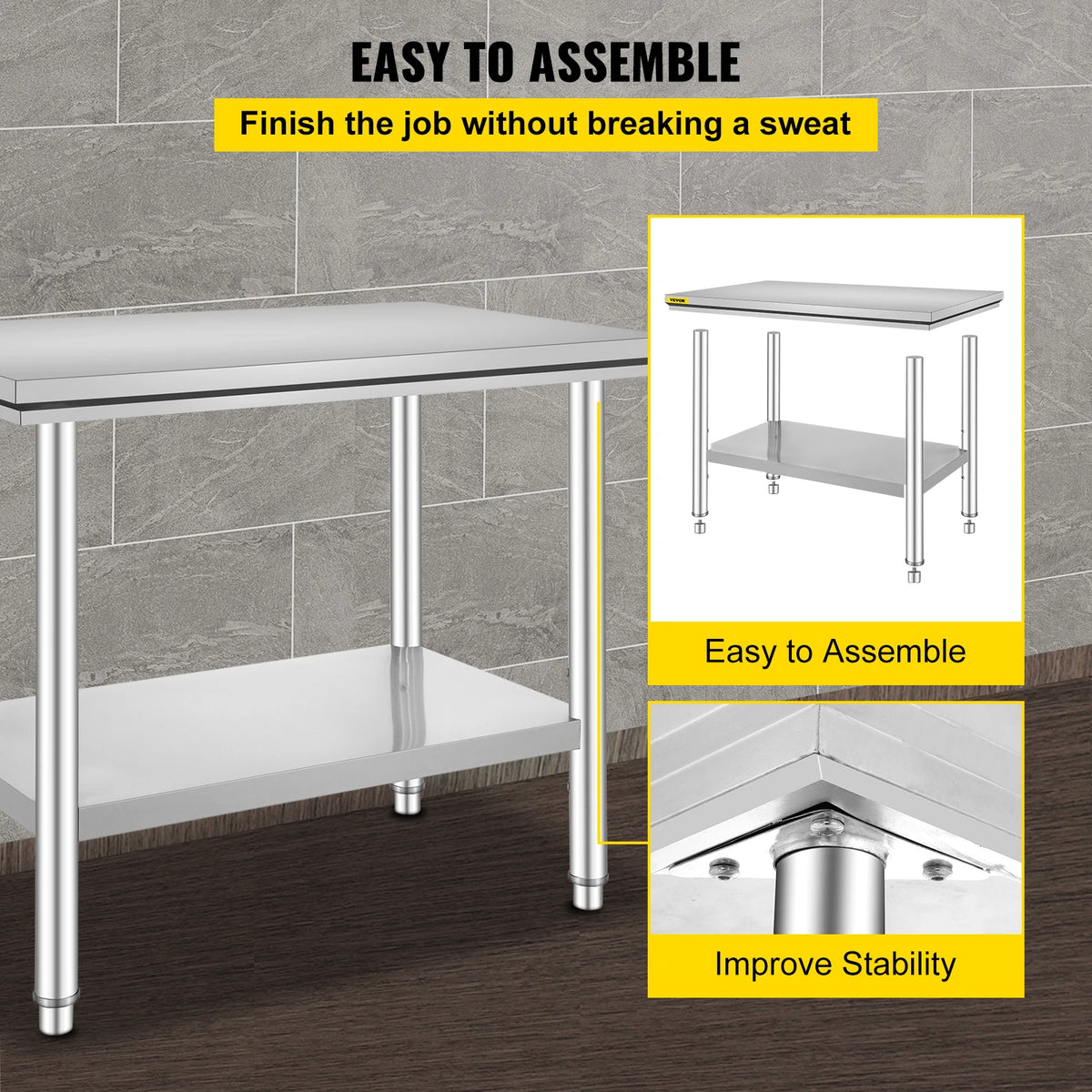 SucceBuy Kitchen Work Bench Commercial Catering Table Worktable with Undershelf Stainless Steel 330LBS 286LBS Restaurant Garage