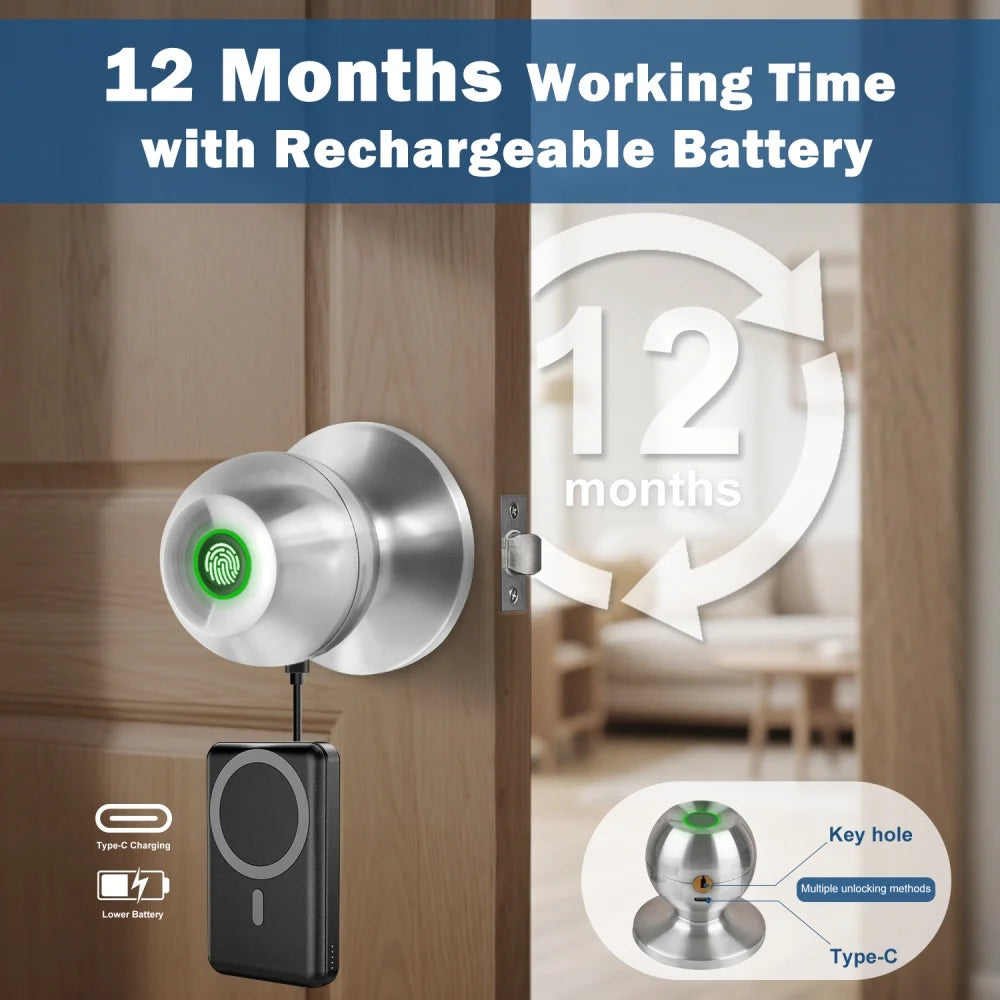 YFK TUYA Smart Life Fingerprint Door Lock Knob, Keyless Entry Bluetooth Electronic Door Lock with Tuya APP Control Password Key Unlock Auto Lock for Home Bedroom Office Hotel