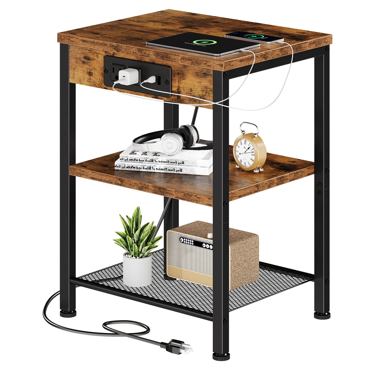 JHK 3 Tier Wood Side Table With USB Charging Station