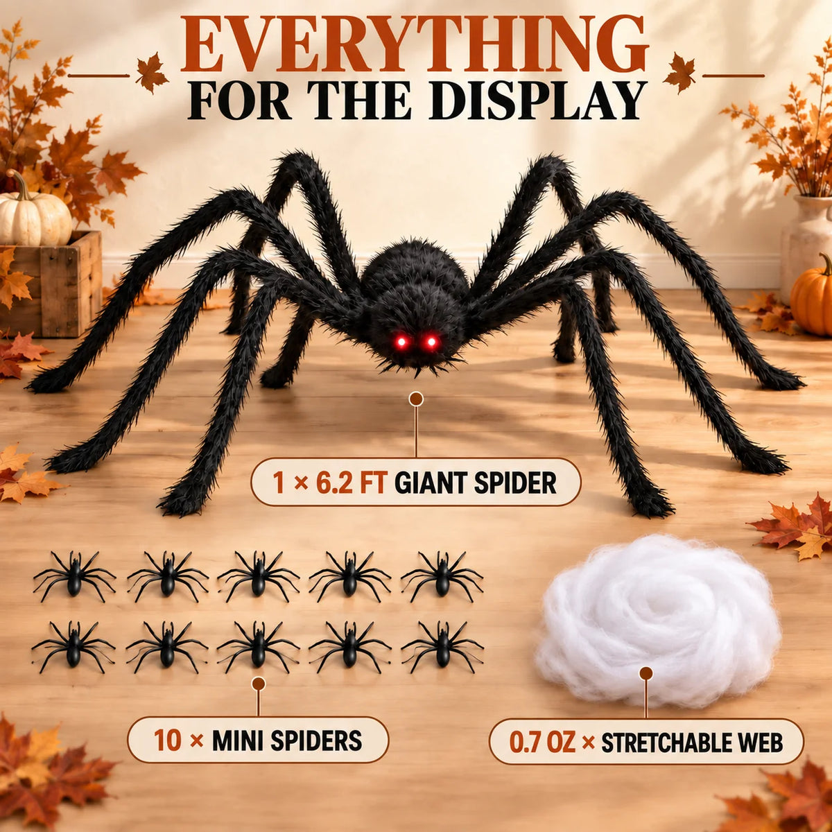 Giant Halloween Spider Decoration Set With Stretchable Web