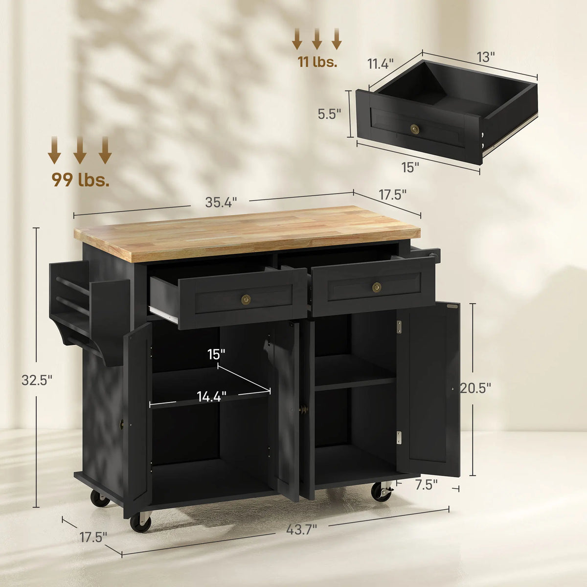 Homcom Kitchen Island Cart With Solid Wood Top And Drawers