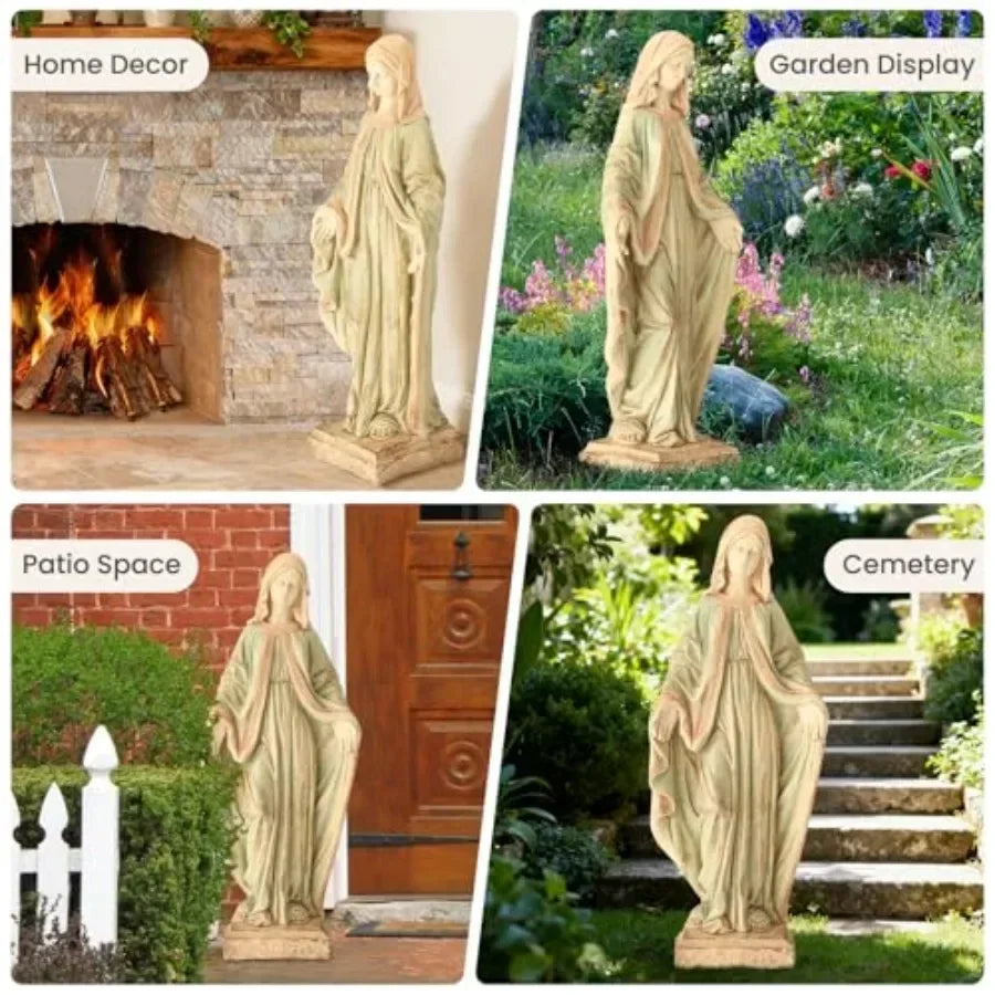 Outdoor garden statue of Virgin Mary, 31.5-inch praying Holy Madonna in weather-resistant resin, white and gold finish, durable