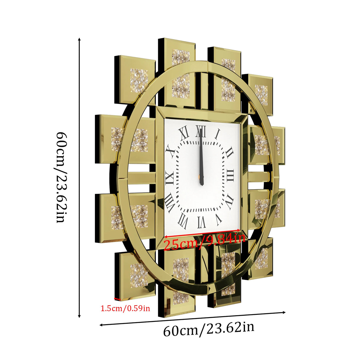 Irregular Crush Diamond Mirrored Quartz Wall Clock With Roman Numerals