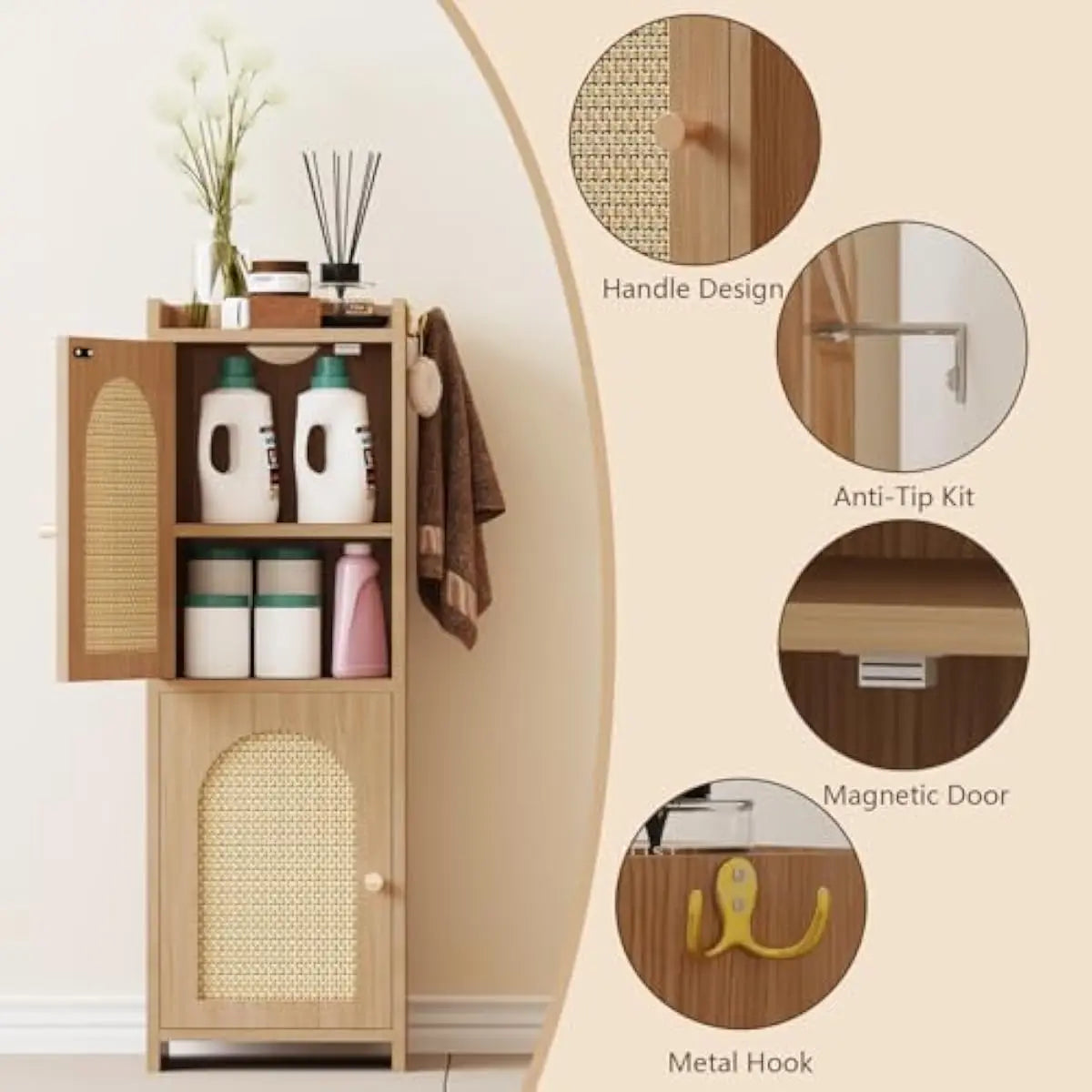 Rattan Clad Compact Bathroom Cabinet With Dual Doors
