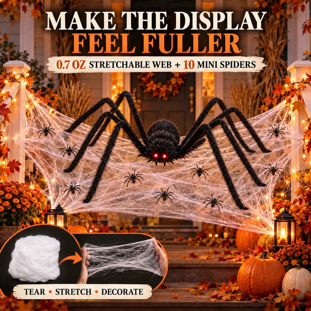Giant Halloween Spider Decoration Set With Stretchable Web