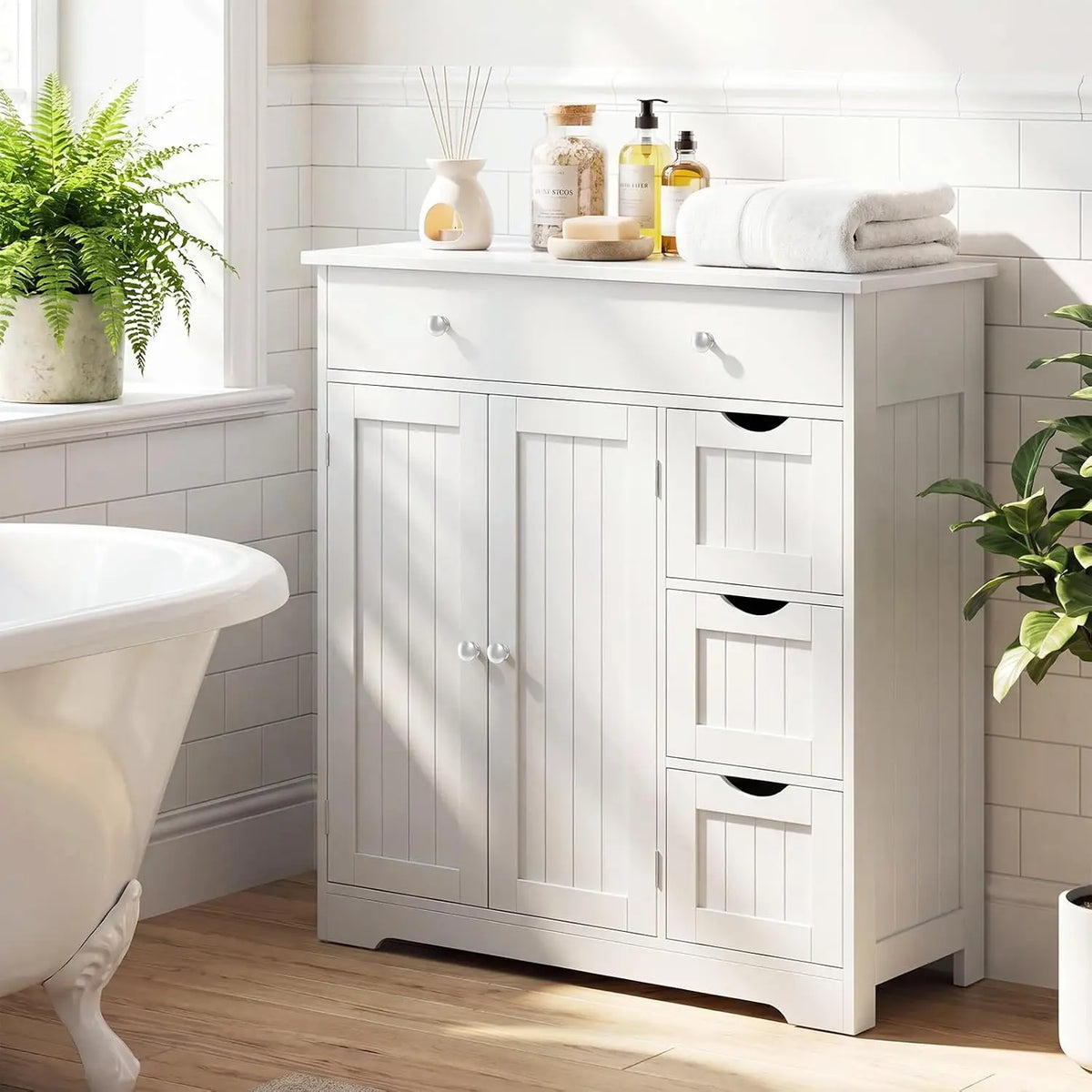 Bathroom Floor Cabinet, 4 Drawers, 2 Doors Cabinet (Off White)