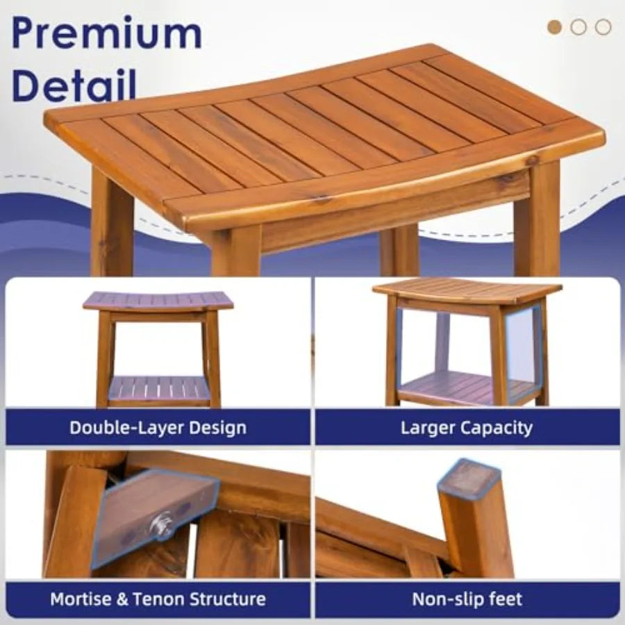 20 Teak Shower Bench with Storage Shelf for Indoor Outdoor Use, Natural Wood Tone, Weather-Resistant Space-Saving Design