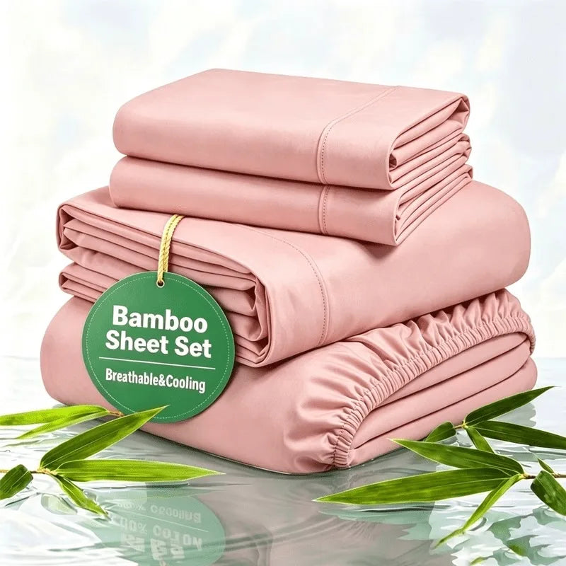 Cooling Bamboo Rayon Bed Sheet Set for Hot Sleepers, 2200 Thread Count Ultra Soft Silky Moisture Wicking Bedding Set, Deep Pocket Fitted Sheet Wrinkle & Fade Resistant Sheets with Pillowcases, Multiple Colors, Available in Tw