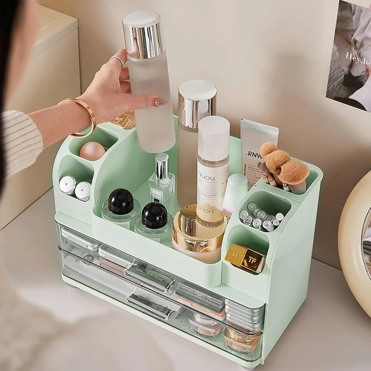 Plastic Vanity Makeup Organizer With Drawers And Brush Slots