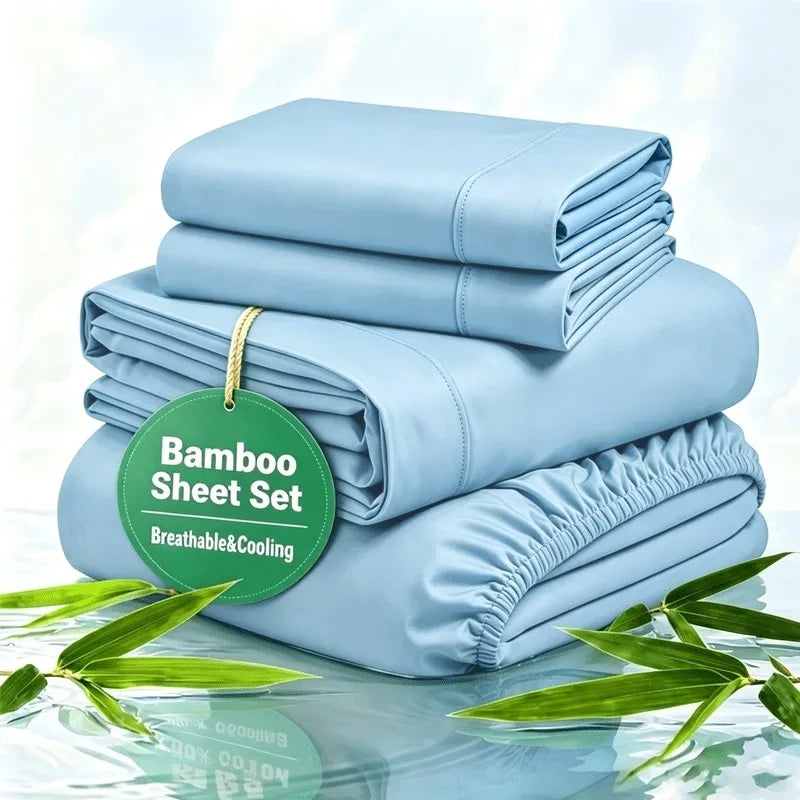 Cooling Bamboo Rayon Bed Sheet Set for Hot Sleepers, 2200 Thread Count Ultra Soft Silky Moisture Wicking Bedding Set, Deep Pocket Fitted Sheet Wrinkle & Fade Resistant Sheets with Pillowcases, Multiple Colors, Available in Tw