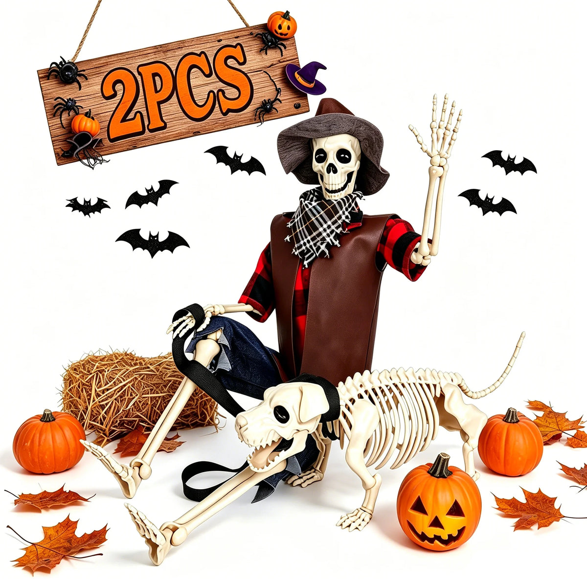 Posable Cowboy Skeleton And Dog Halloween Decorations