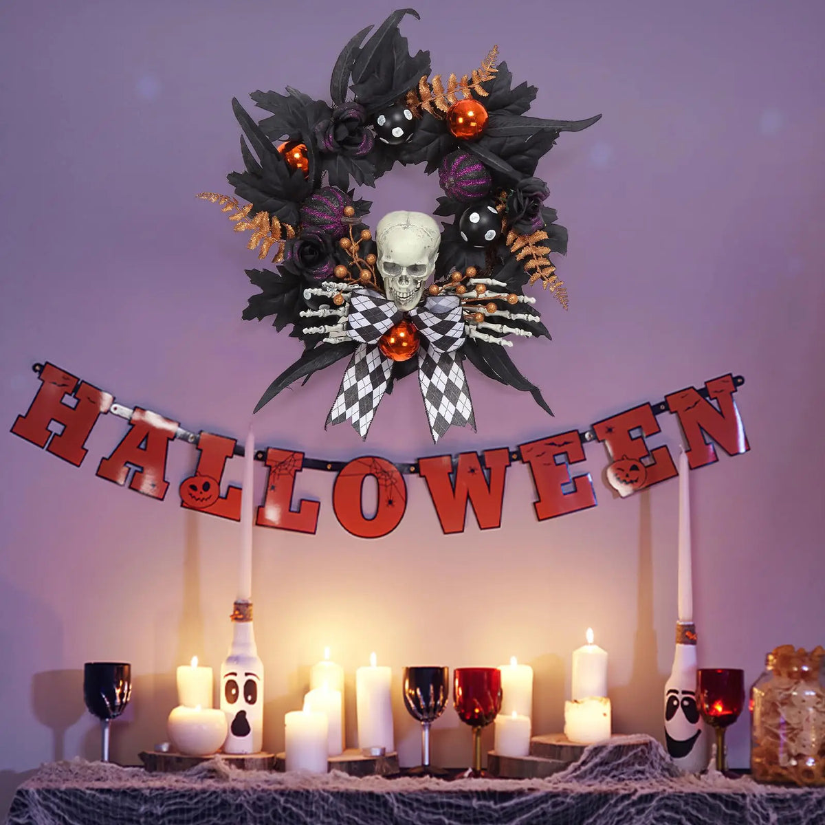 HiMISS Gothic Halloween Skeleton Wreath With Skull Hands