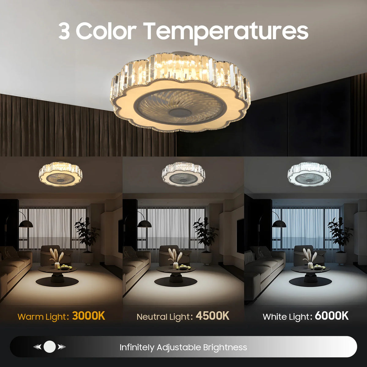 White Plum Blossom Ceiling Fan Light 58cm LED 3000-4500-6000K Dimmable 6 Wind Speed Forward Reverse Pure Copper Motor Remote Control 85-265V Ceiling Lamp for Bedroom Living Room
