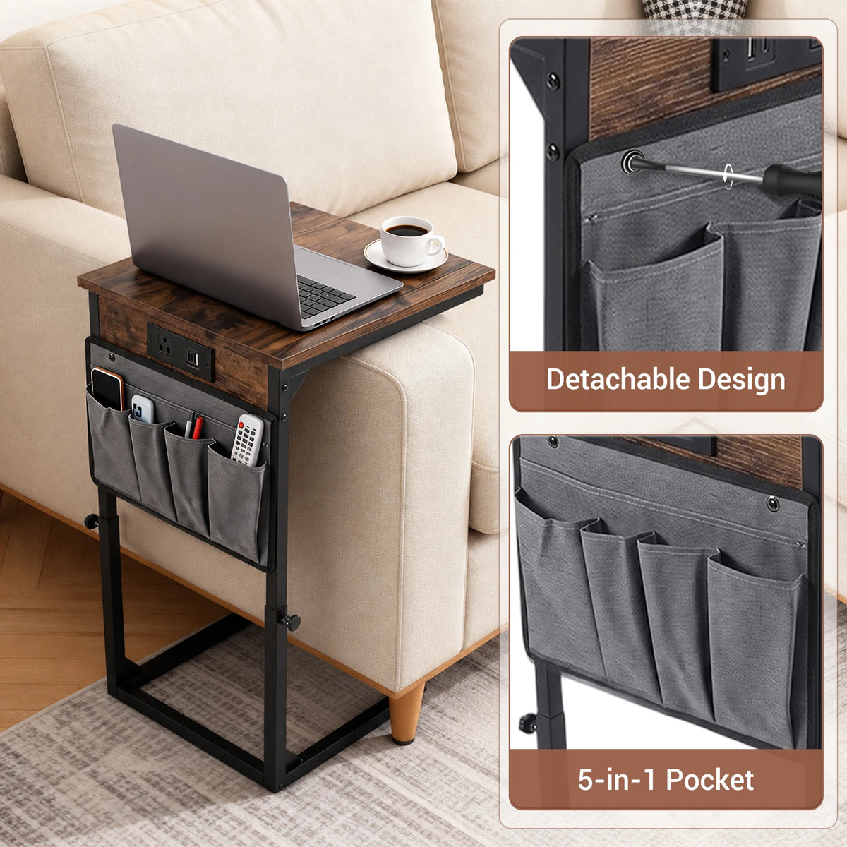 HiMISS Adjustable C Shaped End Table With Charging Station