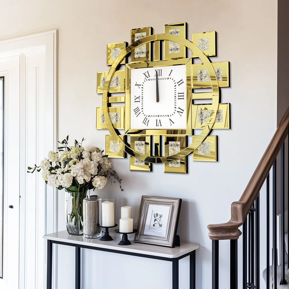 Irregular Crush Diamond Mirrored Quartz Wall Clock With Roman Numerals