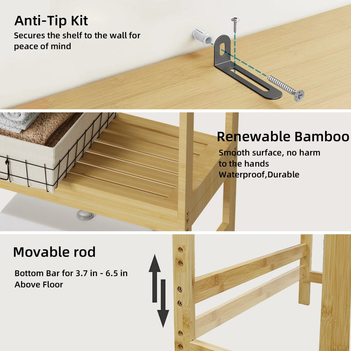 Natural Bamboo Three Tier Over The Toilet Bathroom Rack