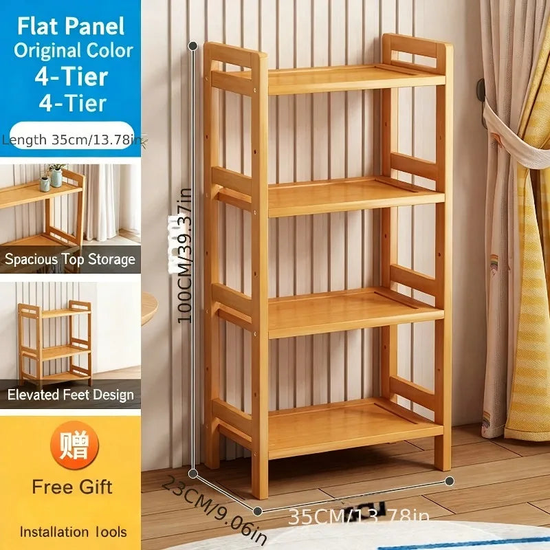 4-Tier 35 Inch Natural Bamboo Flat Organizer Rack) Layered Design, Space-Saving, Anti-Wobble, Kitchen/Bathroom/Living Room (Layered Version