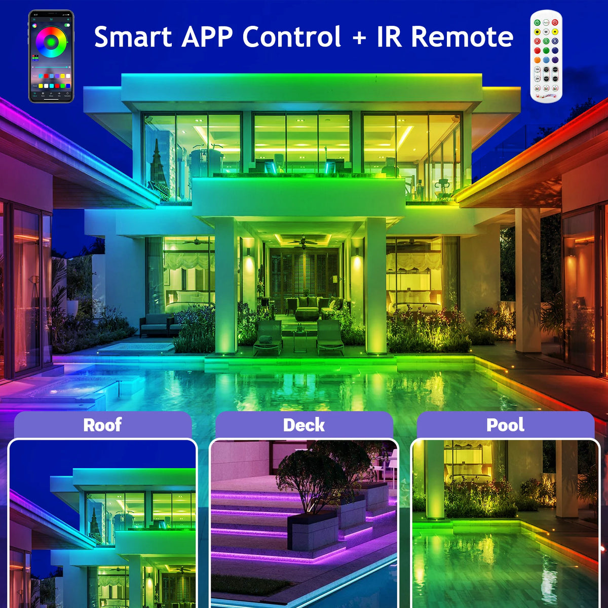200ft Outdoor LED Strip Lights Waterproof,IP68 Outside Led Light Strips with App and Remote,Music Sync RGB Exterior Rope Self Adhesive Back for Deck,Balcony,Pool
