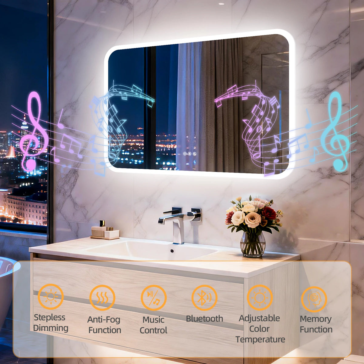 Smart LED Bathroom Mirror With Bluetooth Speakers And Anti Fog