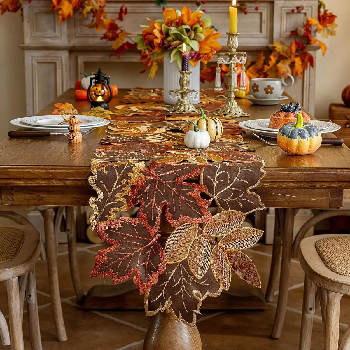 Thanksgiving Fall Embroidered Maple Leaf Table Runner