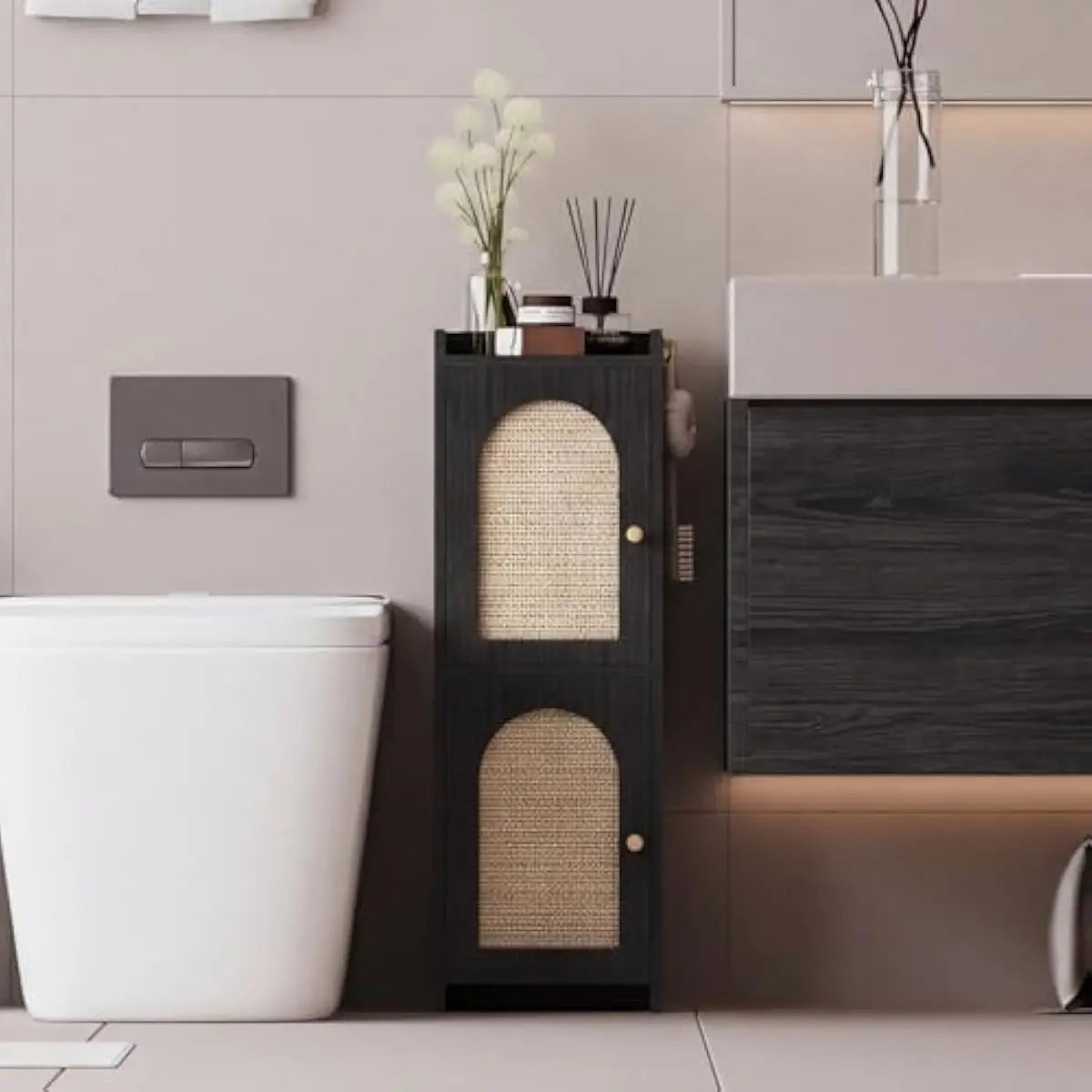 Rattan Clad Compact Bathroom Cabinet With Dual Doors