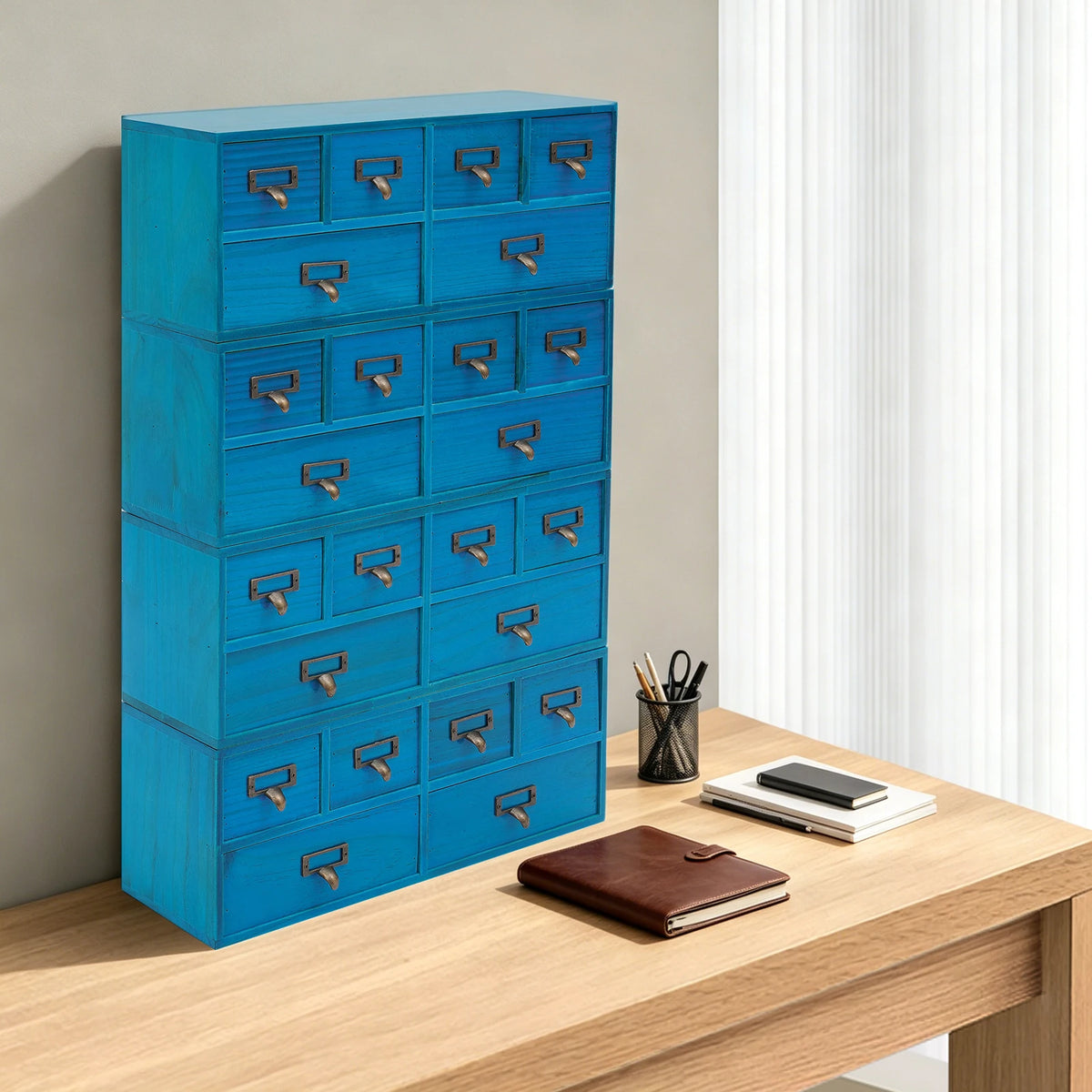 Wood Steel 6 Drawer Storage Box Organization Station, Blue Desk Organizer for Office Home Kitchen Supplies