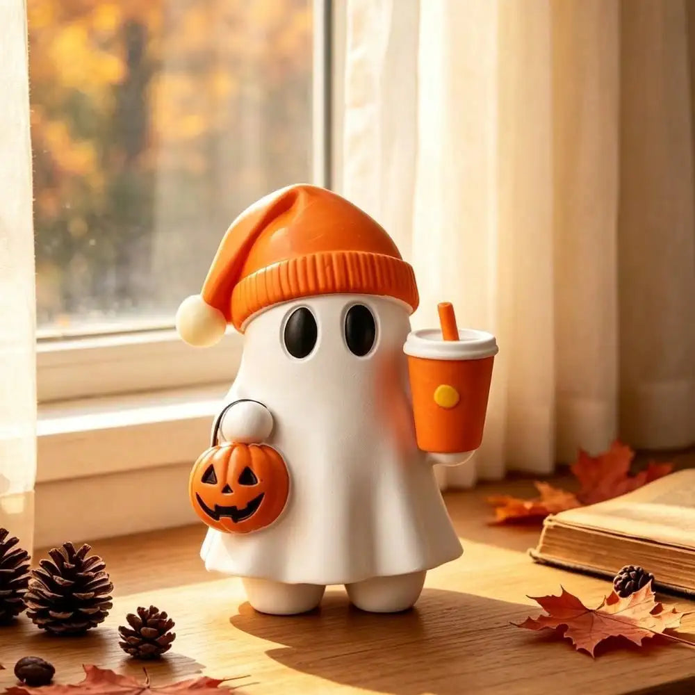 1pc Cute Halloween Ghost Figurine With Pumpkin Bucket And Orange Drink Resin Ghost Desktop Decor, Home Office Bookshelf Coffee Table Halloween Decoration Gift