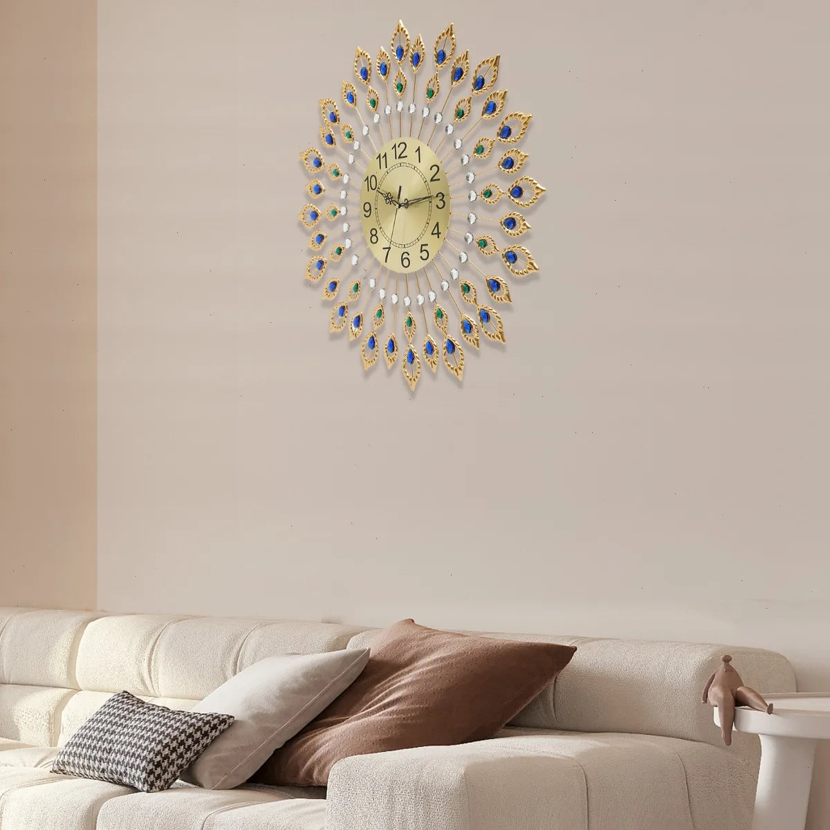 Wall Clock, Peacock Feather Design, 67x67cm Large, Silent Quartz Movement, Iron Metal Frame, Acrylic, for Living Room, Bedroom, Office, Home Decoration, No Ticking