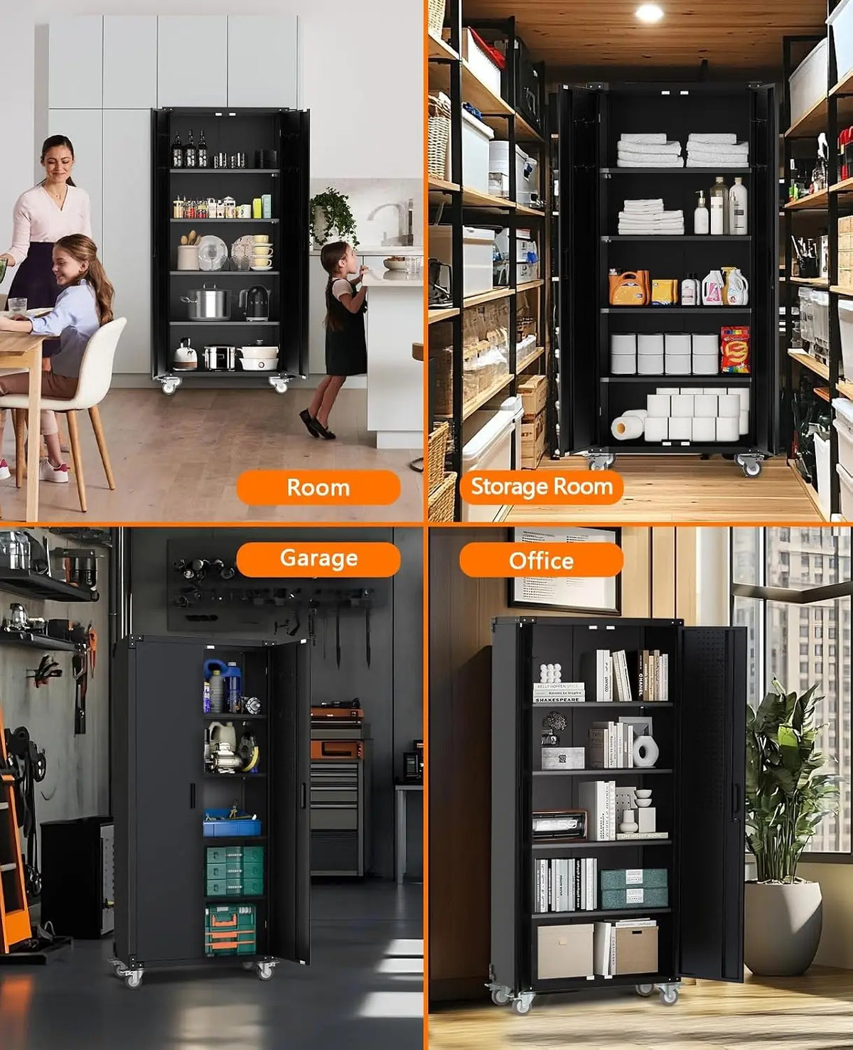 Heavy-Duty Metal Storage Cabinet with Wheels 72Inch Lockable Garage Cabinet with 4 Adjustable Shelves & Pegboard 600 lb Capacity, Magnetic Lock for Home, Garage, Office