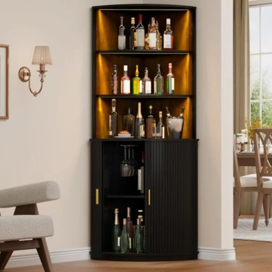 Corner Bar Cabinet With LED Lighting And Wine Glass Holder
