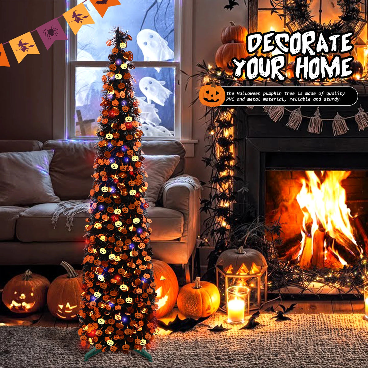 Halloween Artificial Tree With Pumpkin Ornaments And LED Lights